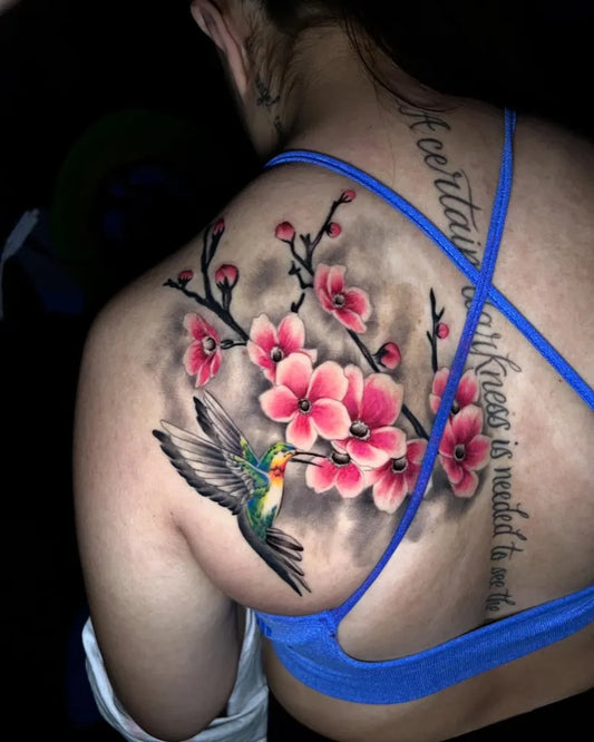 Big Realistic Hummingbird Cherry Blossom Branches on Women Shoulder Tattoo by @inkbypre