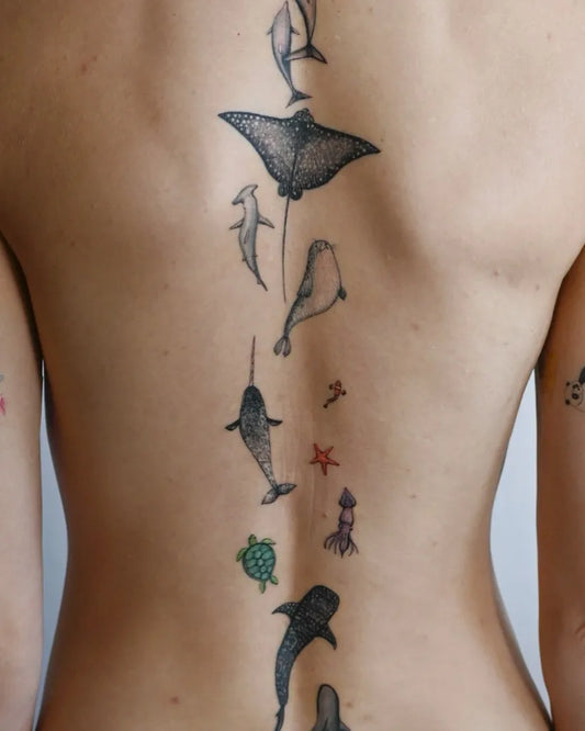 Big Realistic Marine Life on Women Back Tattoo by @cloudberry.tattoo