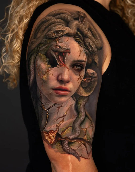 Big Realistic Medusa with Snakes on Women Arm Tattoo by @pam_smithtattoo