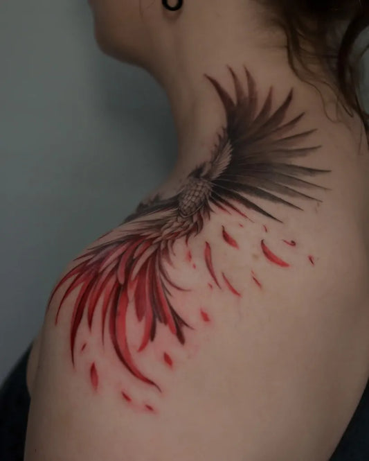 Big Realistic Phoenix with Wings and Flames on Women Shoulder Tattoo by @uno.tat