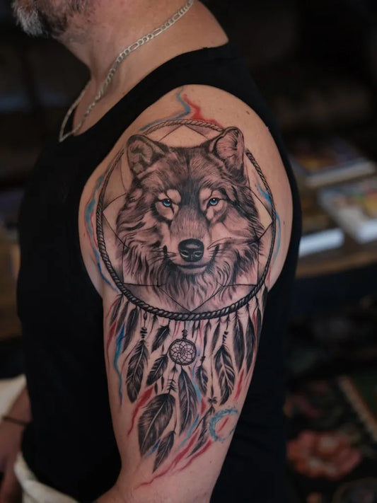 Big Realistic Wolf Dreamcatcher on Men Shoulder Tattoo by @ugurbolukbasi_