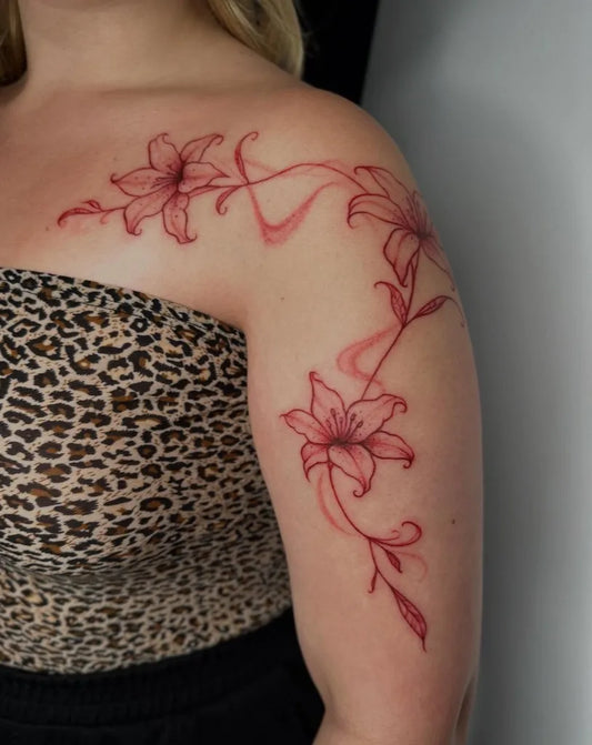 Big Red Lily Vines on Women Shoulder Flower Tattoo by @mistyfikacja_ink