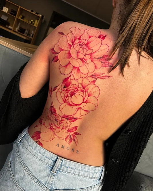 Big Red Peony Flowers Tattoo on Women Back by @inksane_wilhelmshaven