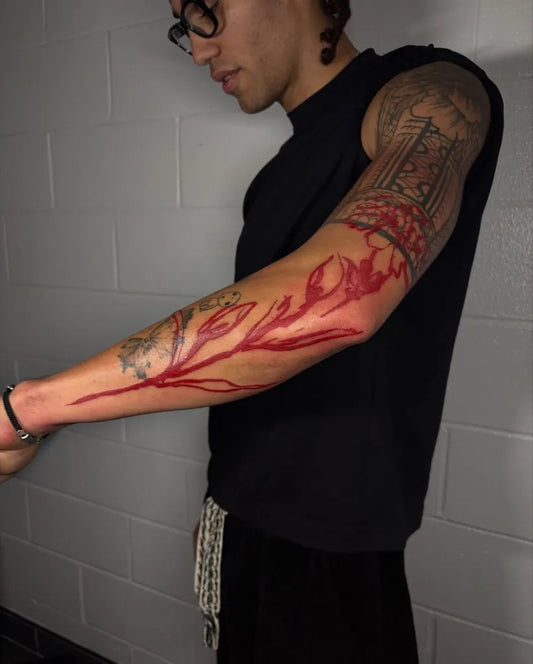 Big Red Rose and Thorns Tattoo on Men Arm by @bxarte