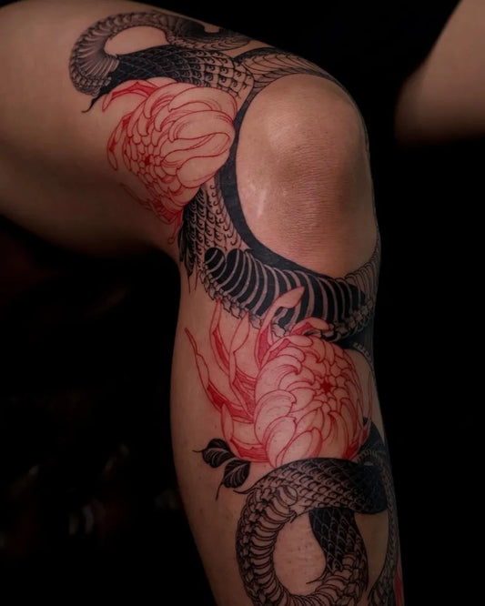Big Red Snake and Chrysanthemum Tattoo on Women Thigh by @namsan_tt