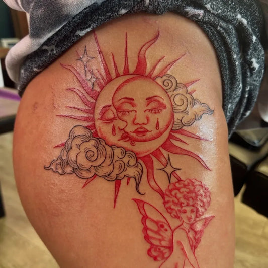 Big Red Sun Moon and Fairy on Women Thigh Tattoo by @kat.b.tattoos