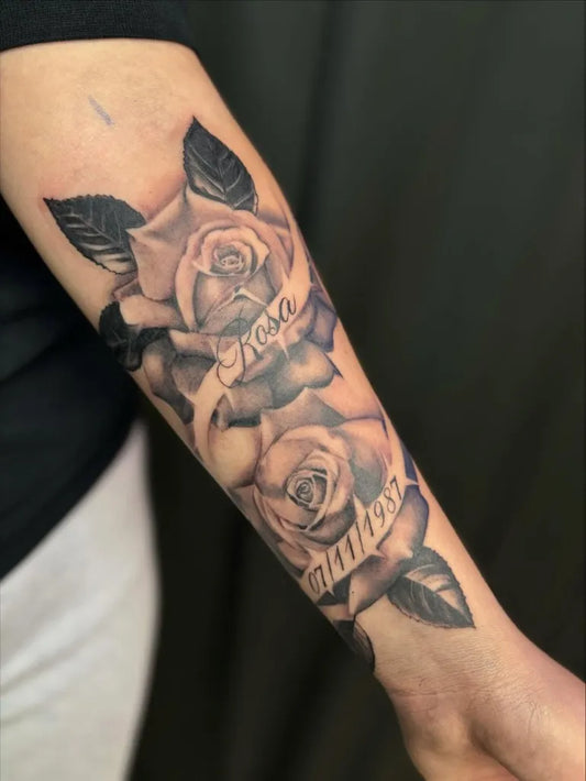 Big Rose Banner on Women Arm Tattoo by @inkbylezi