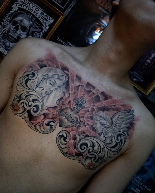 Big Sacred Heart Virgin Mary Cherub on Men Chest Religious Tattoo by @horiken.japan