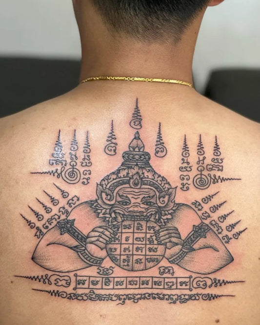 Big Sak Yant Garuda with Script Men Back by @preservation_khmer_sakyant