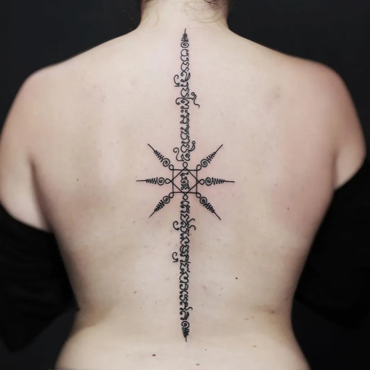 Big Sak Yant Hah Taew Cross Tattoo on Women Back by @alldaytattoobkk