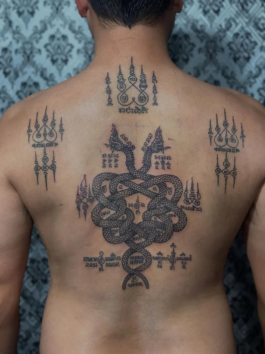 Big Sak Yant Hanakha Naga Yantra Tattoo on Men Back by @preservation_khmer_sakyant