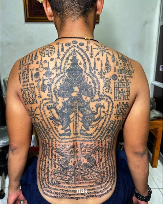 Big Sak Yant Hanuman and Yant Script Tattoo on Men Back by @sakyantitalia