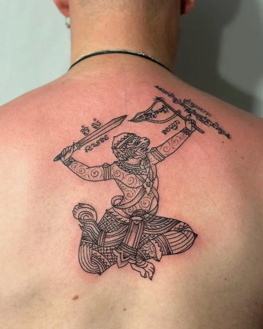 Big Sak Yant Hanuman with Sword and Shield Tattoo on Men Back by @preservation_khmer_sakyant