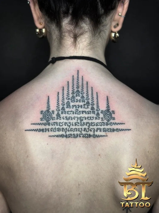Big Sak Yant Sak Yant Script and Temple Spires Tattoo on Women Back by @bttattoobangkokthailand