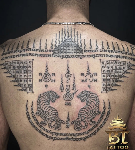 Big Sak Yant Tigers and Sacred Geometry Tattoo on Men Back by @bttattoobangkokthailand