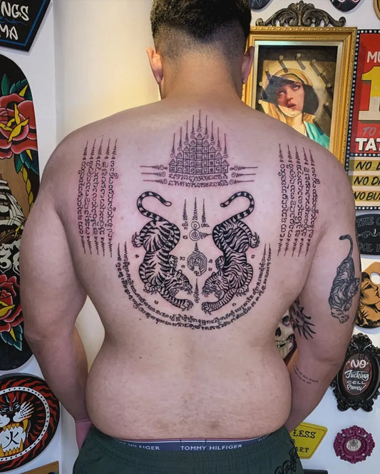 Big Sak Yant Tigers and Script Men Back by @138tattoo_shop