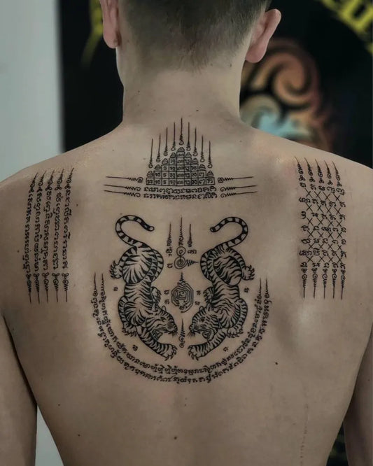 Big Sak Yant Tigers and Temple Tattoo on Men Back by @andaman_ta
