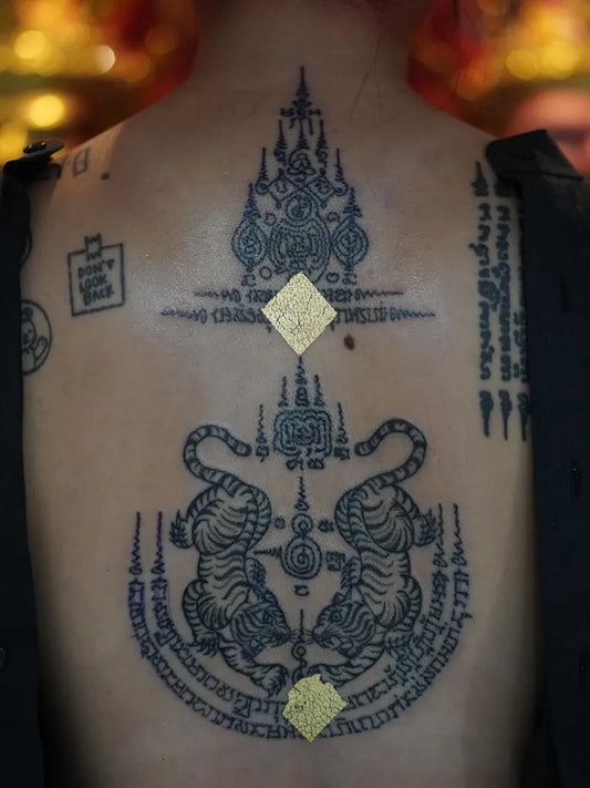 Big Sak Yant Tigers and Temple Tattoo on Men Back by @sakyant_arjarn_fluke