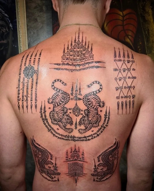 Big Sak Yant Tigers and Temple Tattoo on Men Back by @tt_tattoo_phuket