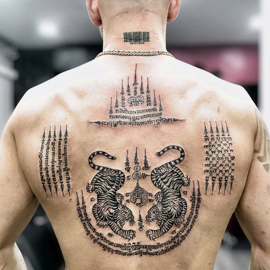 Big Sak Yant Twin Tigers and Sacred Geometry Tattoo on Men Back by @seedtattoo