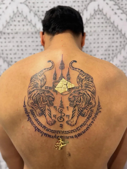 Big Sak Yant Twin Tigers with Temple and Script Tattoo on Men Back by @tahutattoo