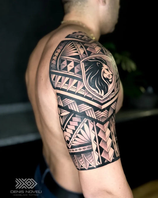 Big Samoan Tribal Shield and Lion on Men Arm Tattoo by @denisnoveli