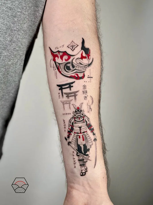 Big Samurai Mask Samurai Armour Tattoo on Men Arm by @mattia.marte.tattoo