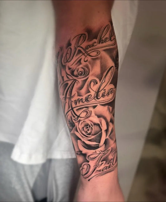 Big Script and Realism Names and Rose on Men Forearm Tattoo by @sophiecowantattoo