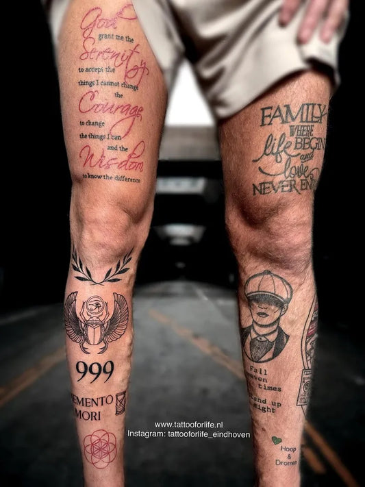 Big Scripture and Portrait on Men Leg Tattoo by @tattooforlife_eindhoven