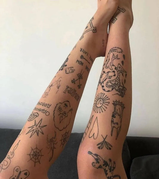 Big Sketchy Abstract Designs on Women Leg Tattoo by @1blacktattoos