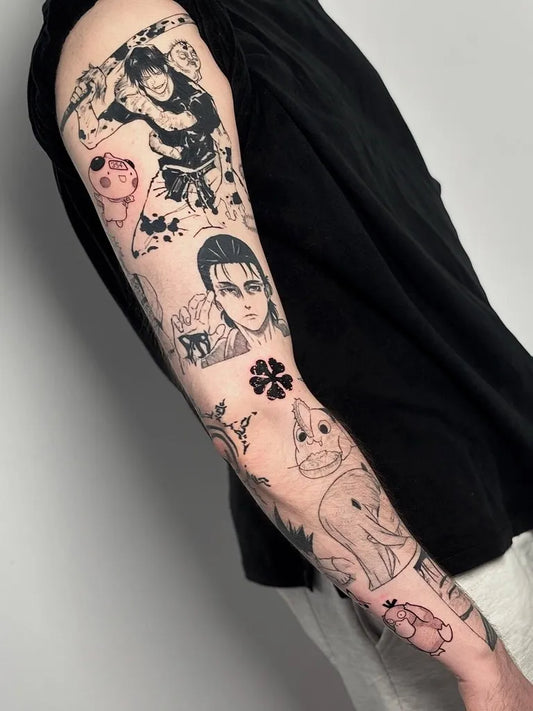 Big Sleeve Anime Characters on Men Arm Tattoo by @dasiek.tattoo
