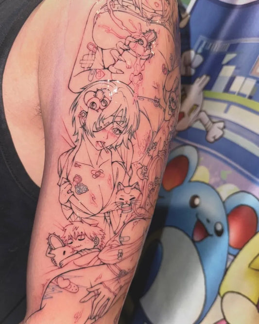 Big Sleeve Anime Girl and Pikachu on Men Arm Tattoo by @senkuutattoo