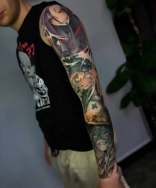 Big Sleeve Anime Girls and Monsters on Men Arm Tattoo by @casherniy_tt