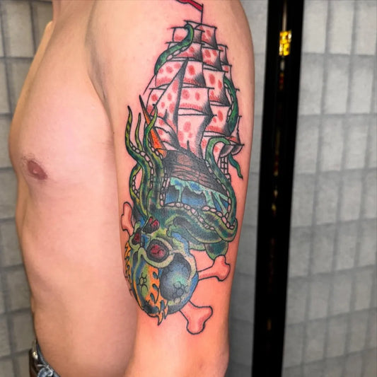 Big Sleeve Ship Tentacles Skull on Men Arm Tattoo by @drucraig