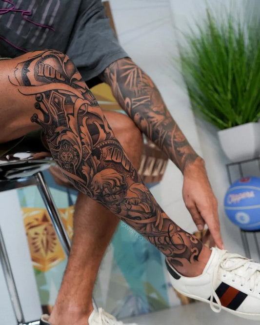 Big Sleeve Skull on Men Leg Tattoo by @gan__tattoo