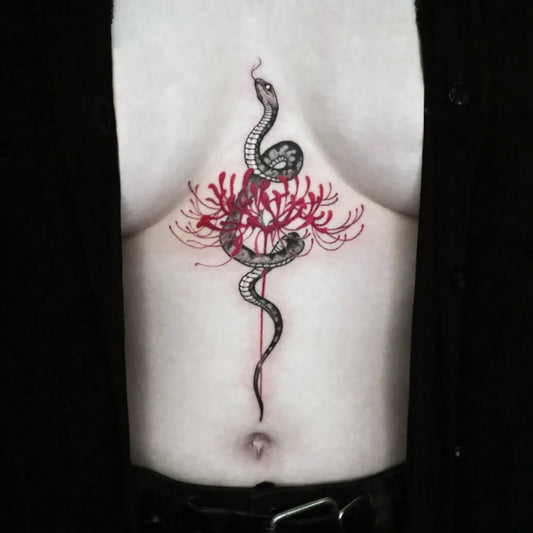 Big Snake and Flower on Men Sternum Tattoo by @kamatatuaz