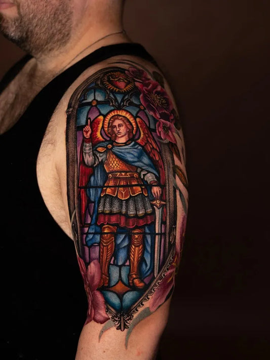 Big Stained Glass St Michael and Roses Tattoo on Men Upper Arm by @ladyfae.art