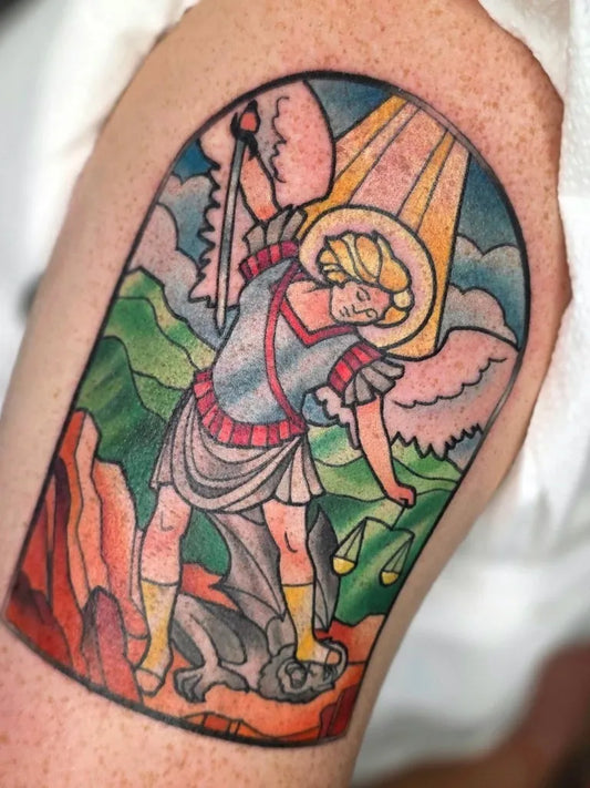 Big Stained Glass St Michael with Sword and Scales Tattoo on Men Arm by @aprilhightattoo