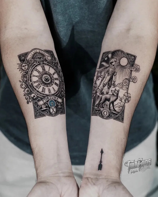 Big Steampunk Clock and Mythical Figure on Men Forearm Tattoo by @twogunstattoo_bali