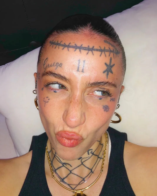 Big Stitch Star Name on Women Face Tattoo by @lagriegagoddess11
