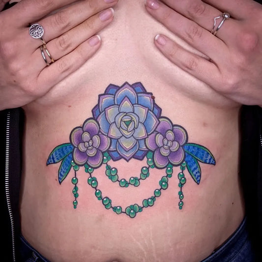 Big Succulent Flower Succulents on Women Sternum Tattoo by @janinetattoos
