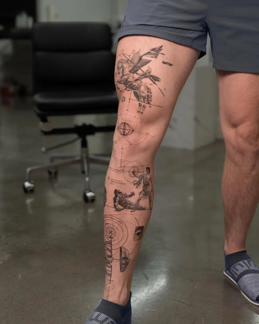 Big Surreal Bird Figure and Geometric Shapes on Men Leg Tattoo by @summerstxttoo