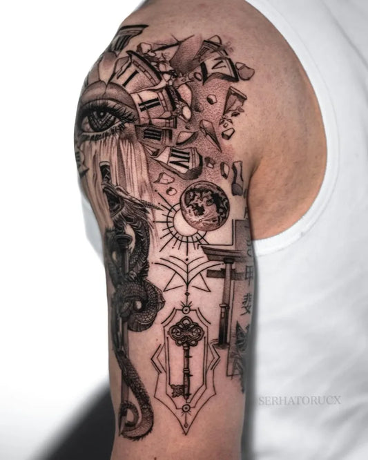 Big Surreal Clock Eye Key on Men Shoulder Tattoo by @serhatorucx