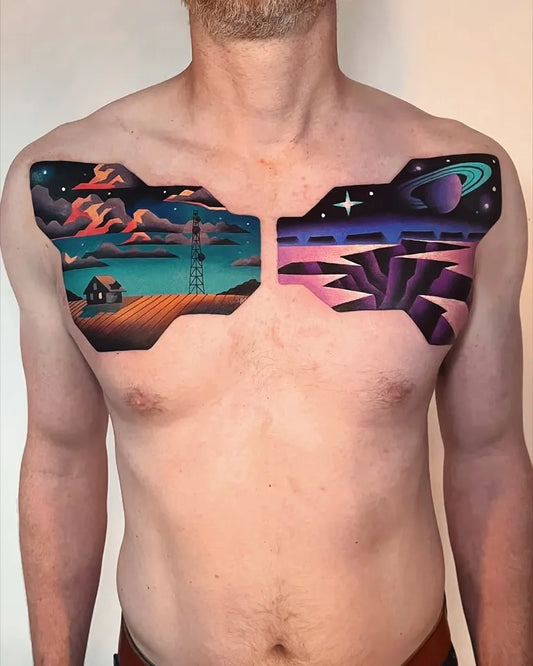 Big Surreal Landscape with Spaceship on Men Chest Tattoo by @tattoosfolder