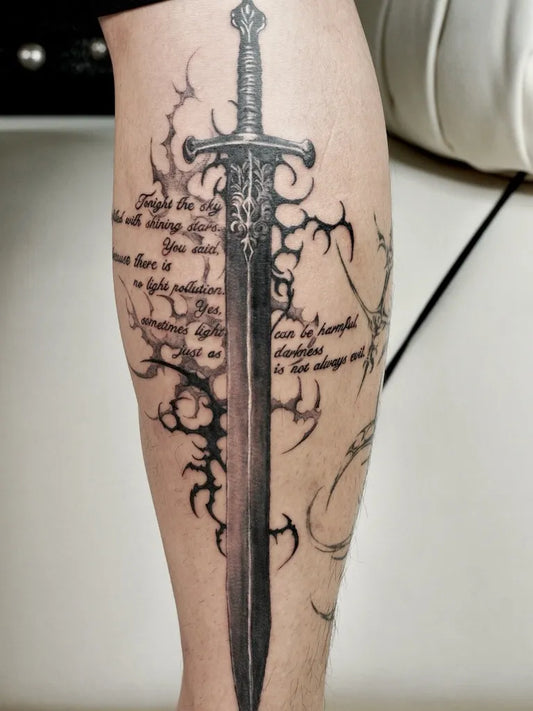 Big Sword with Cyber Sigilism on Men Leg Tattoo by @beyond_limits_ink