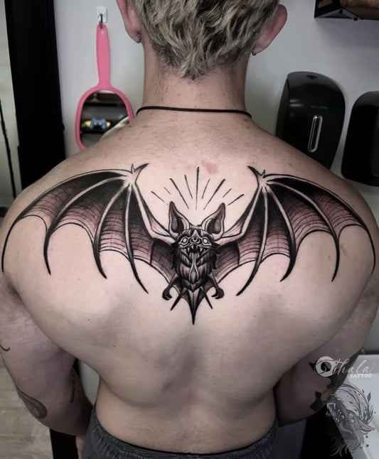 Big Traditional Bat Tattoo on Men Back by @javier.figueroa.tattoos