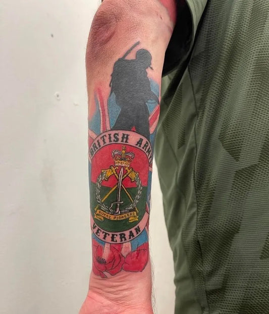 Big Traditional British Army Veteran Silhouette and Crest Military Tattoo on Men Arm by @theinkstitute