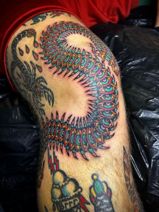 Big Traditional Centipede Tattoo on Men Knee by @nutdub