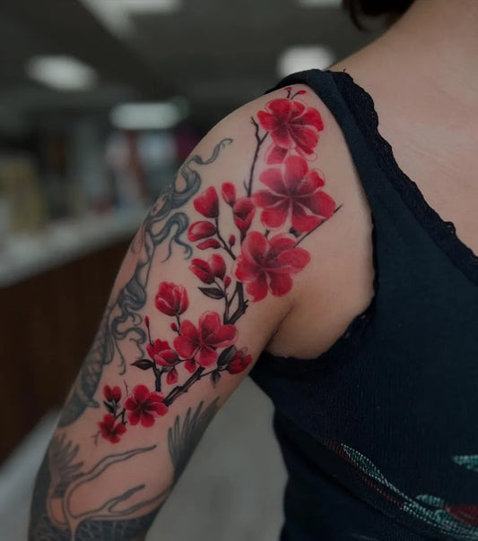 Big Traditional Cherry Blossom Dragon on Women Arm Tattoo by @viet_omkara