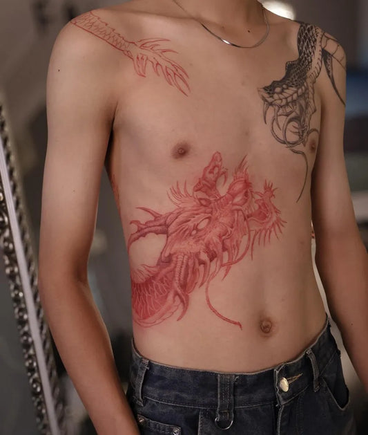 Big Traditional Chinese Dragon on Men Torso Tattoo by @spooy.w
